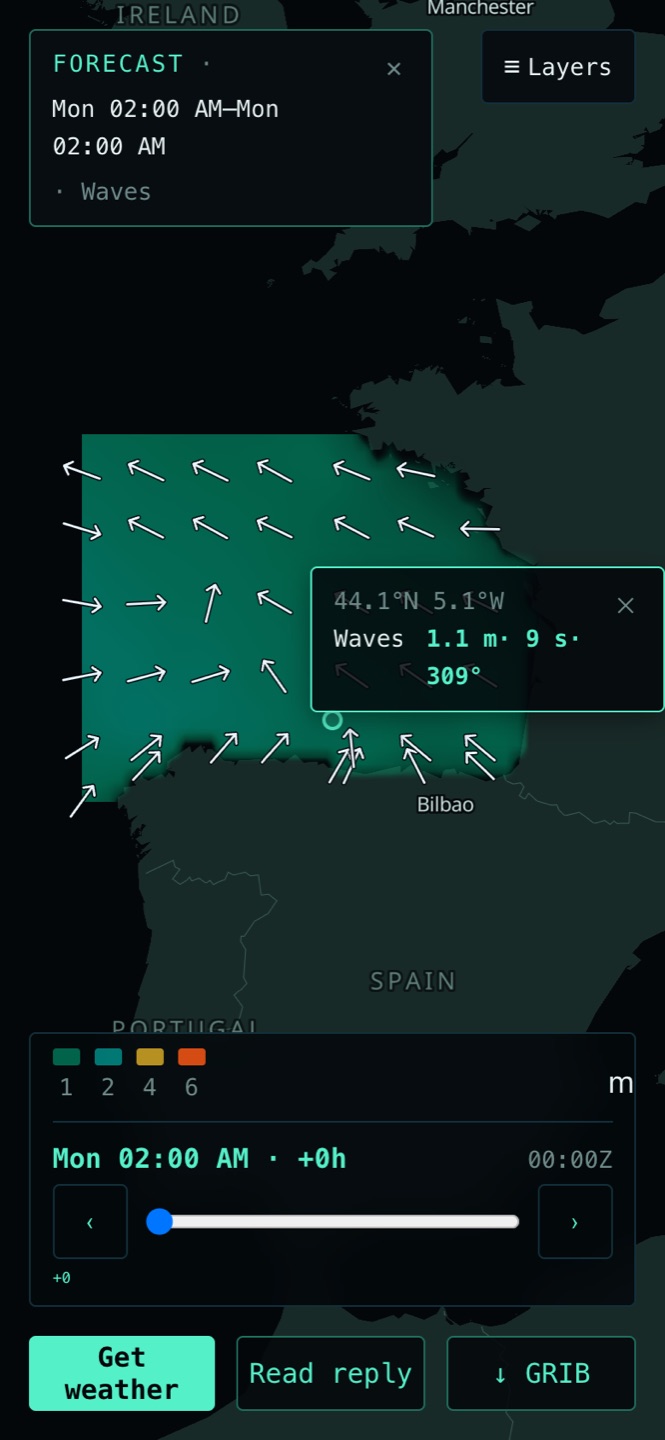 A wind and wave chart rendered in the Beamback app from satellite texts