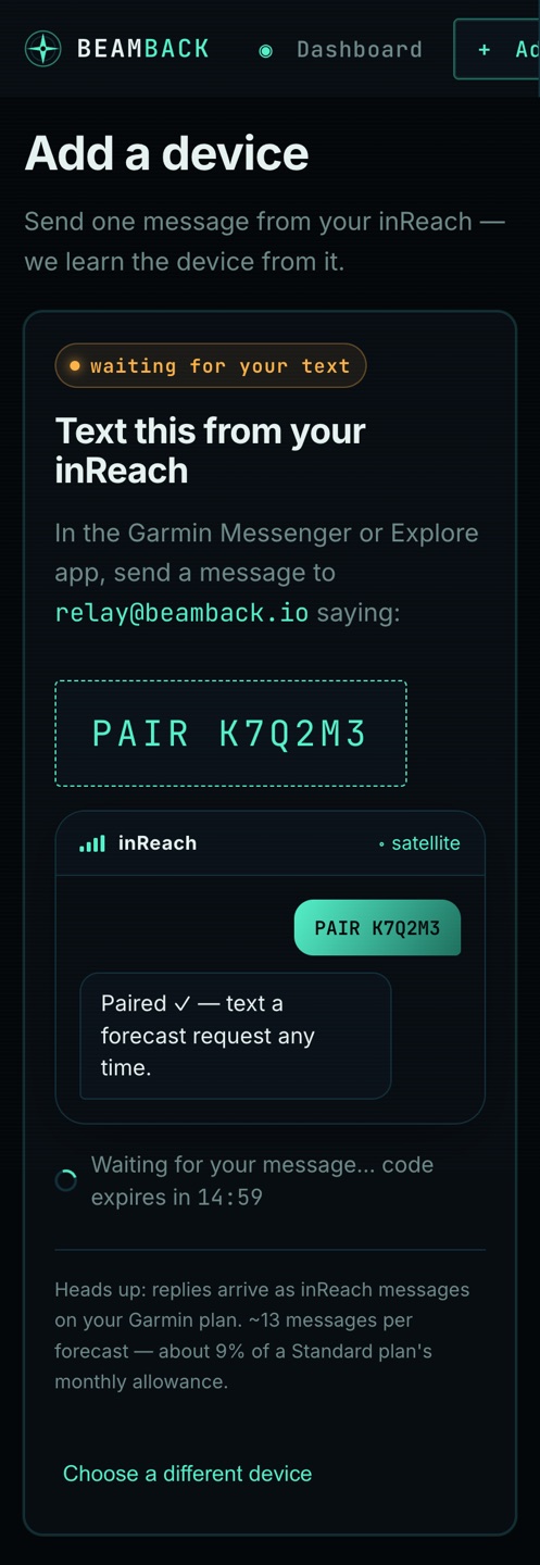 The Beamback pairing screen showing the PAIR code to text from an inReach